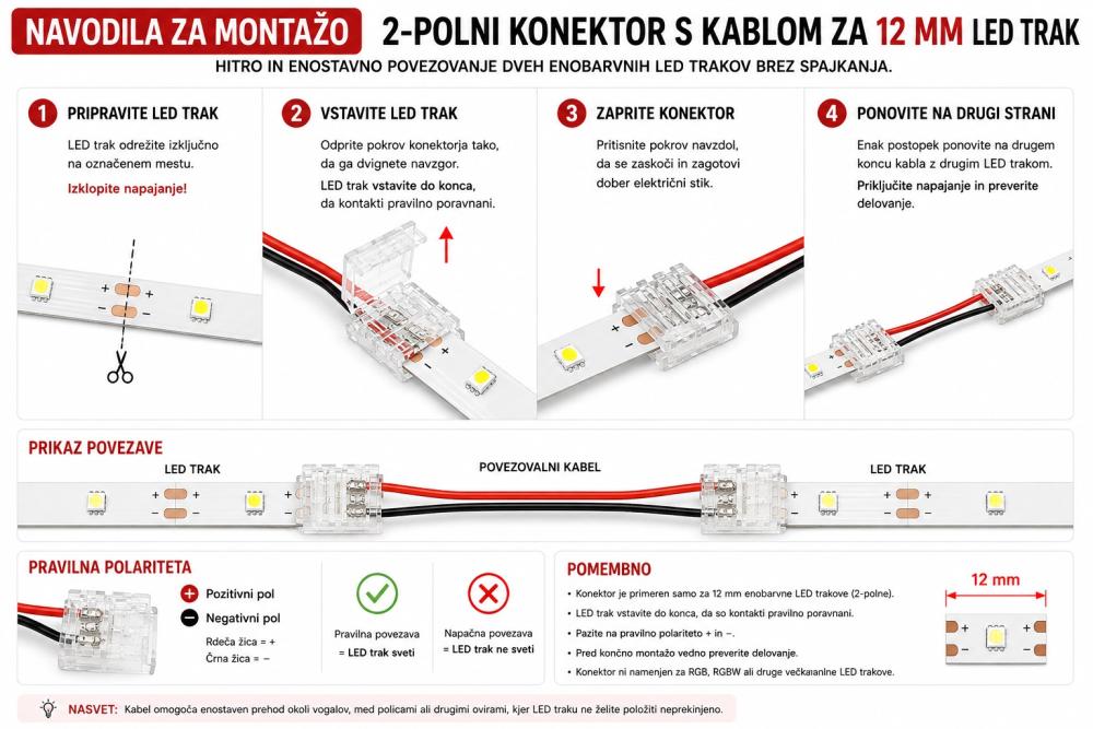 2-polni konektor s kablom za 12 mm enobarvni LED trak brez spajkanja