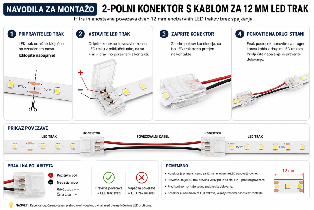 2-polni konektor s kablom za 10 mm enobarvni LED trak brez spajkanja