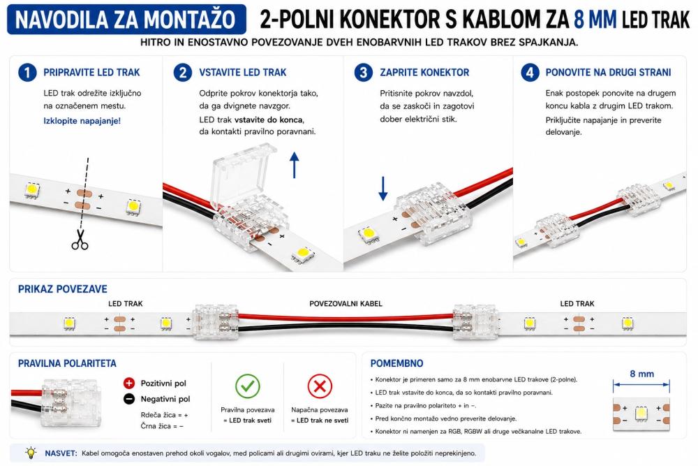 2-polni konektor s kablom za 8 mm enobarvni LED trak brez spajkanja