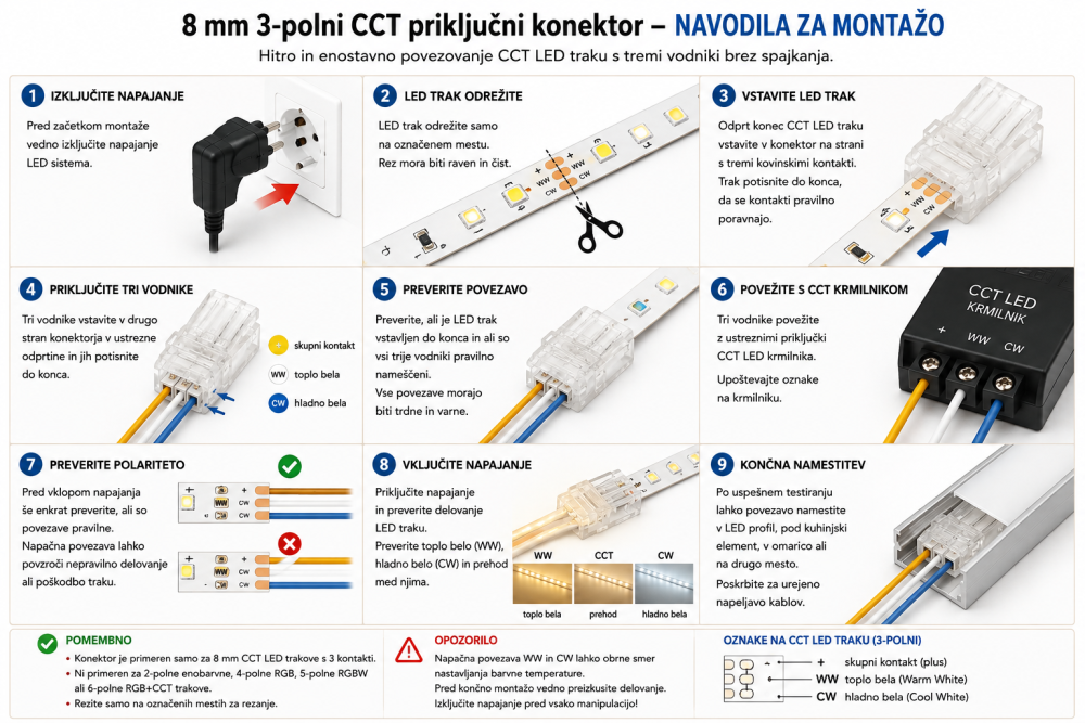 8 mm 3-polni CCT konektor za LED trak in vodnike | SuperStrela