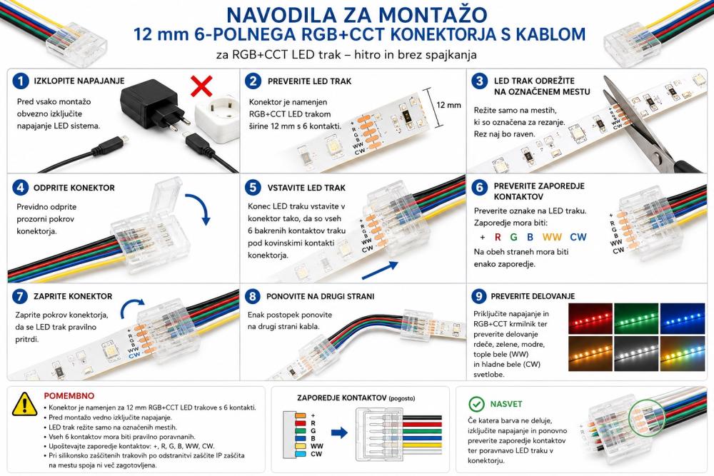 Navodila za montažo 12 mm 6-polnega RGB+CCT konektorja s kablom