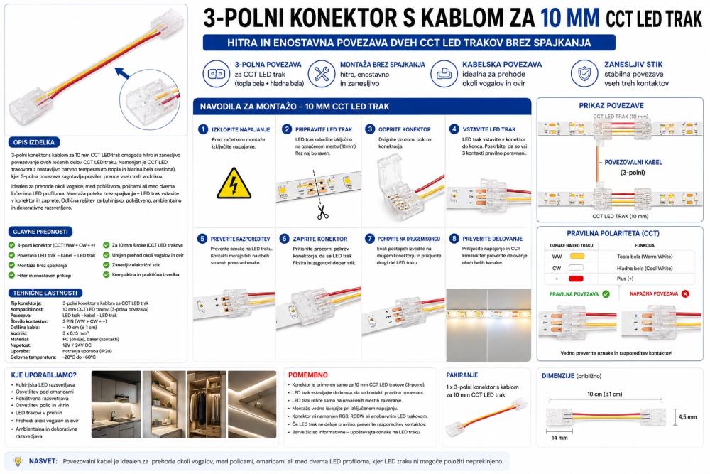 Navodila za montažo 3-polnega konektorja s kablom za 10 mm CCT LED trak