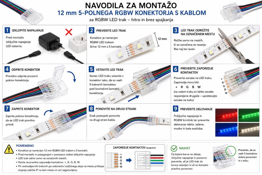 Navodila za montažo 12 mm 5-polnega RGBW konektorja s kablom