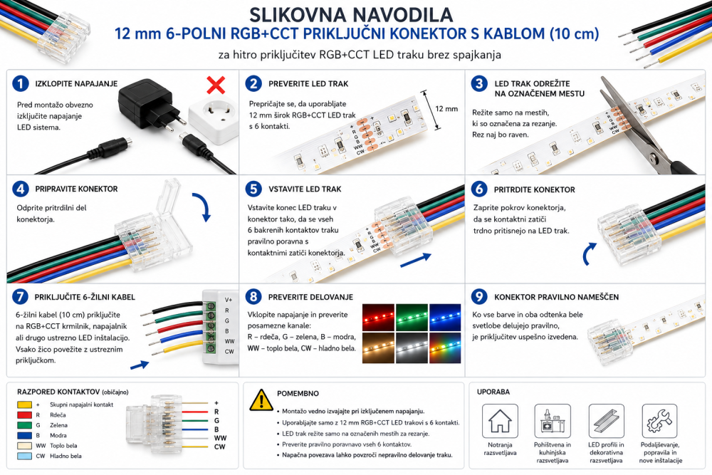 Navodila za uporabo in montažo 12 mm 6-polnega RGB+CCT konektorja s kablom