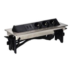 Vgradna (potopna) vtičnica / 3x EU vtičnica + 2x USB napajanje (Tip A 2,1A) / 230V 3x1,5mm² 1,8m kabla / ponikljano ohišje 