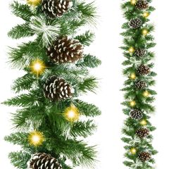 Božična zasnežena girlanda 280cm s storži in 50 LED toplo bela – baterijska