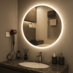 Ogrevano osvetljeno okroglo LED kopalniško ogledalo